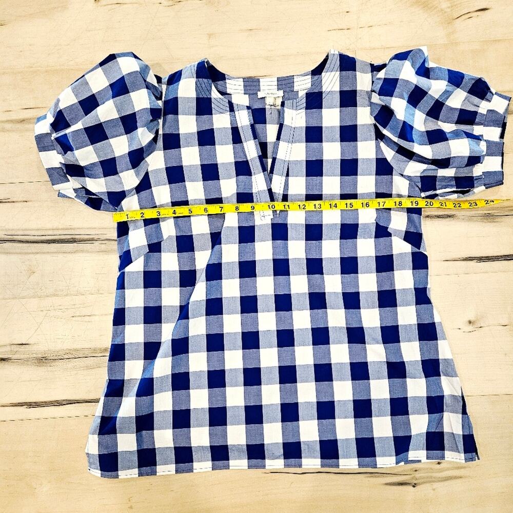 Tyler Boe Blue White Gingham Puff Sleeve Tunic Top Preppy Coastal - Picture 4 of 5